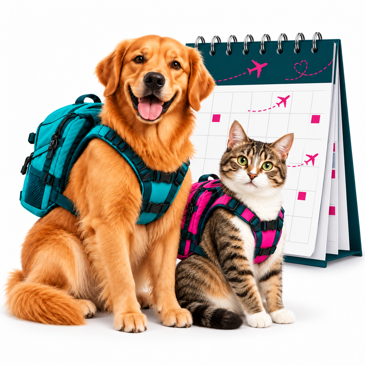 Mo and Glow with their teal and pink backpacks beside a travel calendar for Frequent Traveler Permit Bundles
